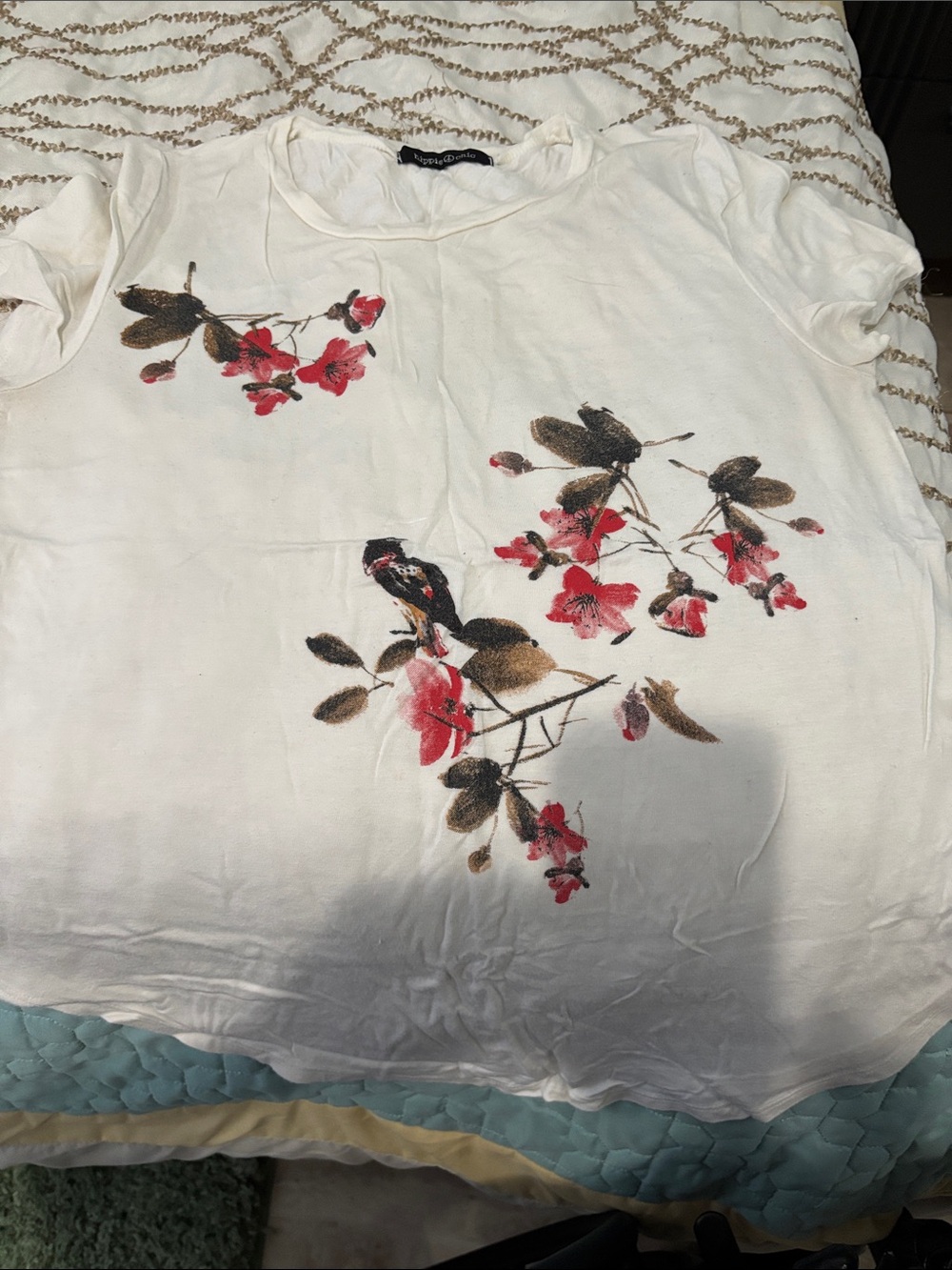 Hippie Rose White Short-Sleeve Top with Red Floral Print